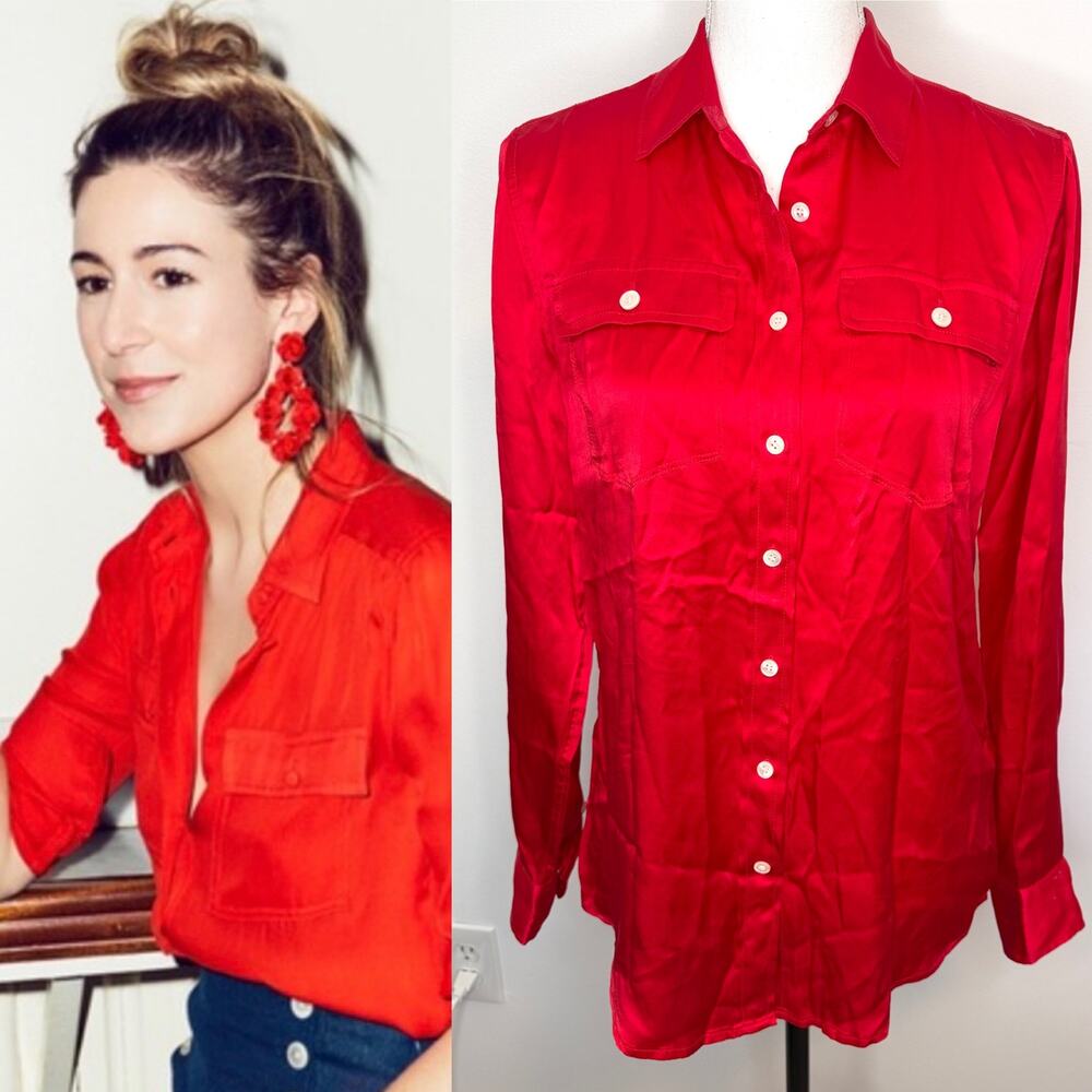J. Crew Always Silk Button Down Shirt Collared Top In Red Size 2 Tall